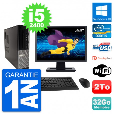 PC Dell 990 DT Ecran 22" Intel i5-2400 RAM 32Go Disque Dur 2To Windows 10 Wifi