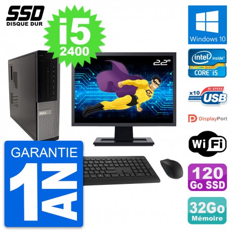 PC Dell 990 DT Ecran 22" Intel Core i5-2400 RAM 32Go SSD 120Go Windows 10 Wifi