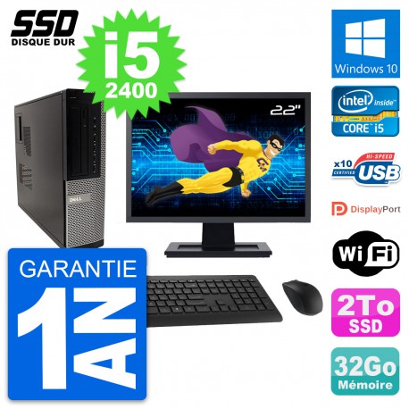 PC Dell 990 DT Ecran 22" Intel Core i5-2400 RAM 32Go SSD 2To Windows 10 Wifi