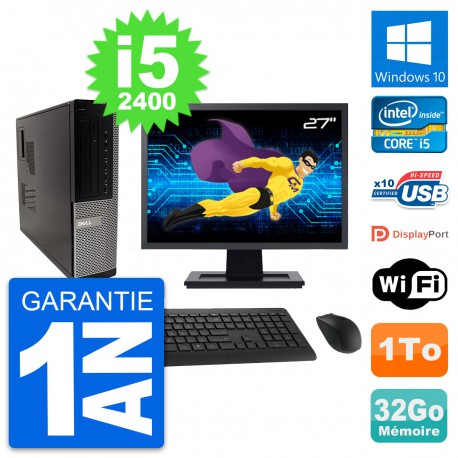 PC Dell 990 DT Ecran 27" Intel i5-2400 RAM 32Go Disque Dur 1To Windows 10 Wifi