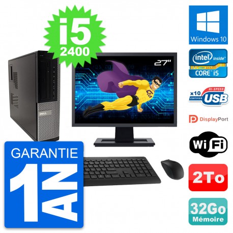 PC Dell 990 DT Ecran 27" Intel i5-2400 RAM 32Go Disque Dur 2To Windows 10 Wifi