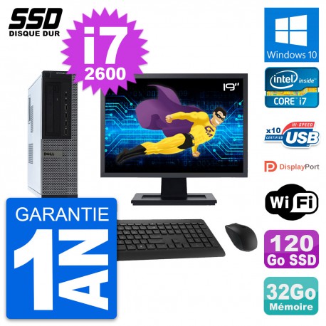 PC Dell 990 DT Ecran 19" Intel Core i7-2600 RAM 32Go SSD 120Go Windows 10 Wifi