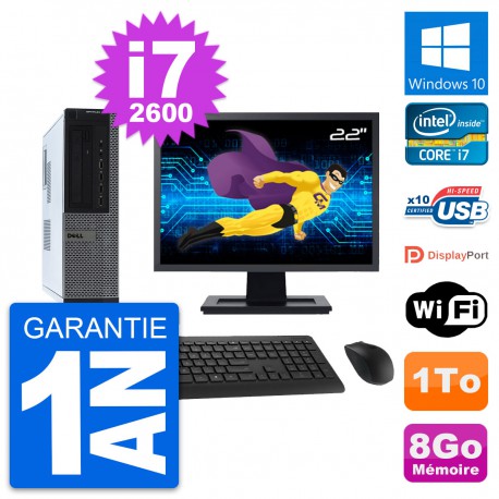 PC Dell 990 DT Ecran 22" Intel i7-2600 RAM 8Go Disque Dur 1To Windows 10 Wifi