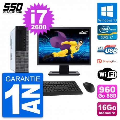 PC Dell 990 DT Ecran 22" Intel Core i7-2600 RAM 16Go SSD 960Go Windows 10 Wifi