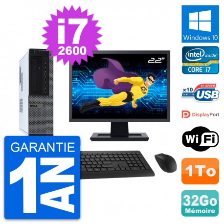 PC Dell 990 DT Ecran 22" Intel i7-2600 RAM 32Go Disque Dur 1To Windows 10 Wifi