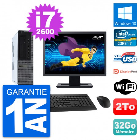 PC Dell 990 DT Ecran 22" Intel i7-2600 RAM 32Go Disque Dur 2To Windows 10 Wifi