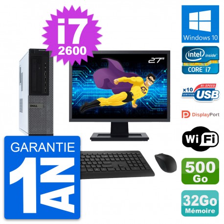 PC Dell 990 DT Ecran 27" Intel i7-2600 RAM 32Go Disque Dur 500Go Windows 10 Wifi
