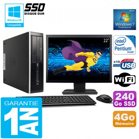 PC HP Compaq 8300 SFF Intel G850 Ram 4Go Disque 240 Go SSD Wifi W7 Ecran 22"