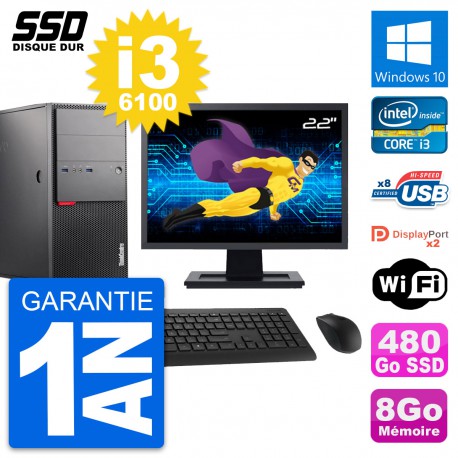 PC Tour Lenovo M900 Ecran 22" Intel i3-6100 RAM 8Go SSD 480Go Windows 10 Wifi
