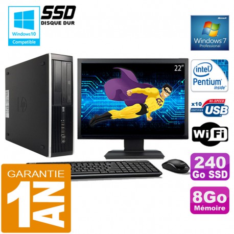 PC HP Compaq 8300 SFF Intel G850 Ram 8Go Disque 240 Go SSD Wifi W7 Ecran 22"