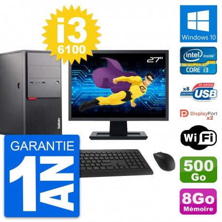 PC Tour Lenovo M900 Ecran 27" Intel i3-6100 RAM 8Go Disque 500Go Windows 10 Wifi