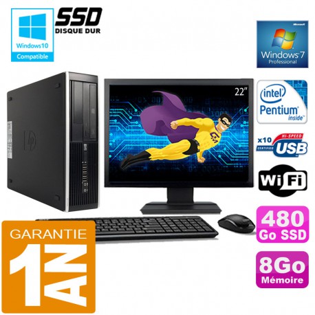 PC HP Compaq 8300 SFF Intel G850 Ram 8Go Disque 480 Go SSD Wifi W7 Ecran 22"