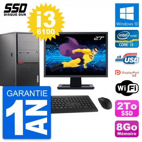 PC Tour Lenovo M900 Ecran 27" Intel i3-6100 RAM 8Go SSD 2To Windows 10 Wifi