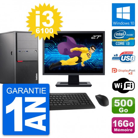 PC Tour Lenovo M900 Ecran 27" Core i3-6100 RAM 16Go Disque 500Go Windows 10 Wifi