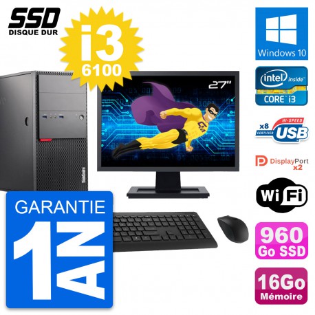 PC Tour Lenovo M900 Ecran 27" Intel i3-6100 RAM 16Go SSD 960Go Windows 10 Wifi