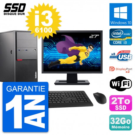 PC Tour Lenovo M900 Ecran 27" Intel i3-6100 RAM 32Go SSD 2To Windows 10 Wifi