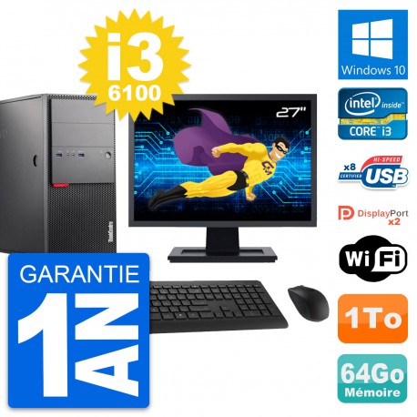 PC Tour Lenovo M900 Ecran 27" Intel i3-6100 RAM 64Go Disque 1To Windows 10 Wifi