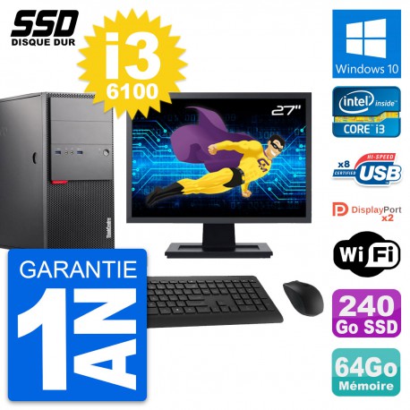 PC Tour Lenovo M900 Ecran 27" Intel i3-6100 RAM 64Go SSD 240Go Windows 10 Wifi