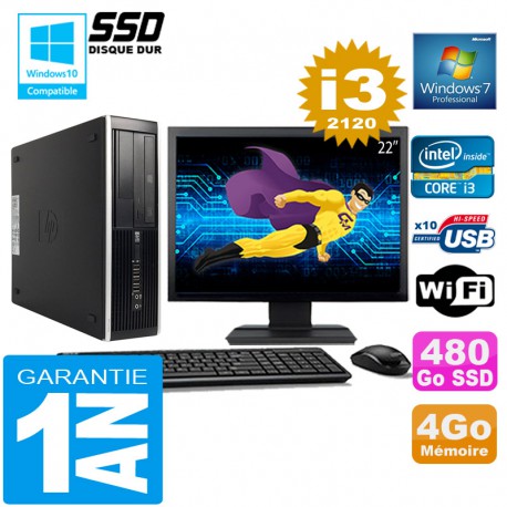 PC HP Compaq 8300 SFF Core I3-2120 Ram 4Go Disque 480 Go SSD Wifi W7 Ecran 22"