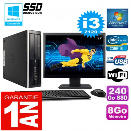 PC HP Compaq 8300 SFF Core I3-2120 Ram 8Go Disque 240 Go SSD Wifi W7 Ecran 27"