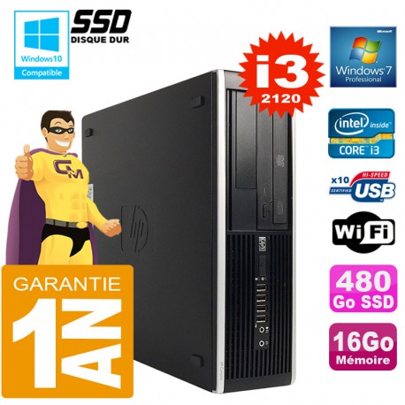 PC HP Compaq 8300 SFF Core I3-2120 Ram 16Go Disque 480Go SSD Graveur DVD Wifi W7