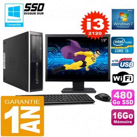 PC HP Compaq 8300 SFF Core I3-2120 Ram 16Go Disque 480 Go SSD Wifi W7 Ecran 19"