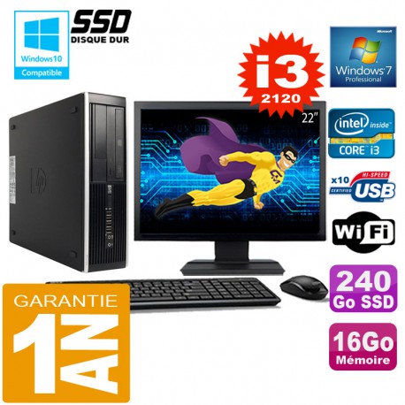 PC HP Compaq 8300 SFF Core I3-2120 Ram 16Go Disque 240 Go SSD Wifi W7 Ecran 22"