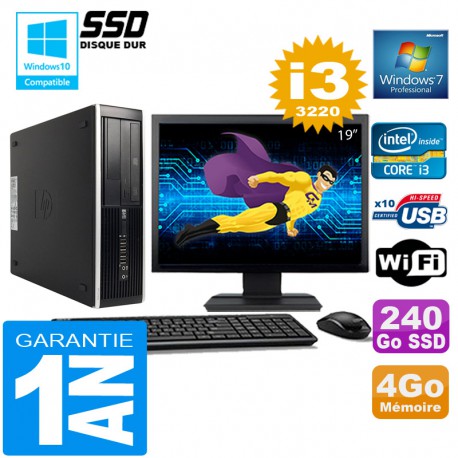 PC HP Compaq 8300 SFF Core I3-3220 Ram 4Go Disque 240 Go SSD Wifi W7 Ecran 19"
