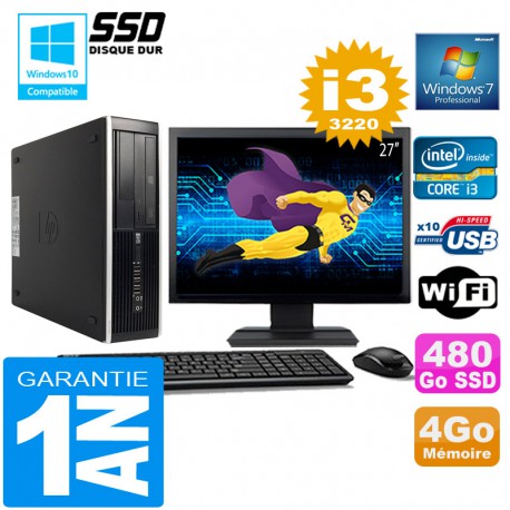 PC HP Compaq 8300 SFF Core I3-3220 Ram 4Go Disque 480 Go SSD Wifi W7 Ecran 27"