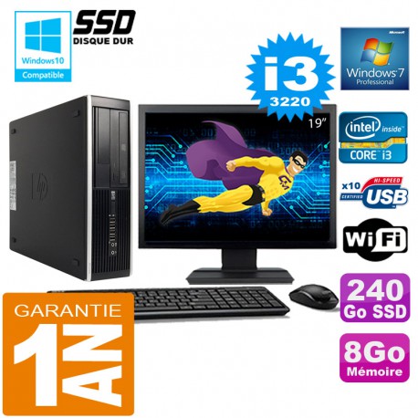PC HP Compaq 8300 SFF Core I3-3220 Ram 8Go Disque 240 Go SSD Wifi W7 Ecran 19"