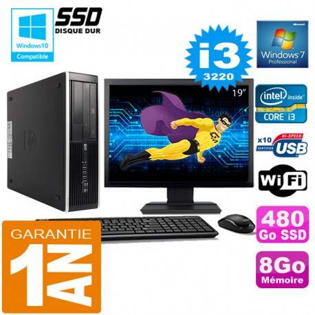 PC HP Compaq 8300 SFF Core I3-3220 Ram 8Go Disque 480 Go SSD Wifi W7 Ecran 19"