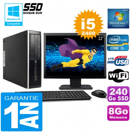 PC HP Compaq 8300 SFF Core I5-2400 Ram 8Go Disque 240 Go SSD Wifi W7 Ecran 22"