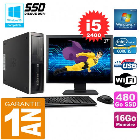 PC HP Compaq 8300 SFF Core I5-2400 Ram 16Go Disque 480 Go SSD Wifi W7 Ecran 27"