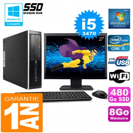 PC HP Compaq 8300 SFF Core I5-3470 Ram 8Go Disque 480 Go SSD Wifi W7 Ecran 27"