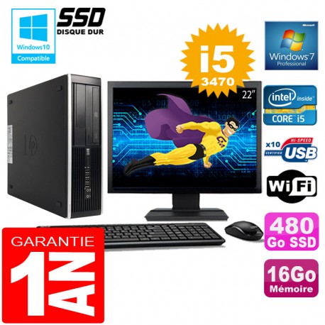 PC HP Compaq 8300 SFF Core I5-3470 Ram 16Go Disque 480 Go SSD Wifi W7 Ecran 22"