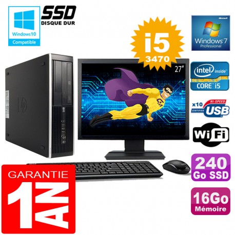 PC HP Compaq 8300 SFF Core I5-3470 Ram 16Go Disque 240 Go SSD Wifi W7 Ecran 27"