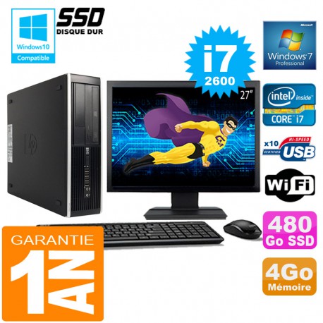 PC HP Compaq 8300 SFF Core I7-2600 Ram 4Go Disque 480 Go SSD Wifi W7 Ecran 27"