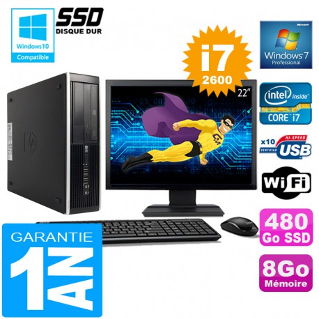 PC HP Compaq 8300 SFF Core I7-2600 Ram 8Go Disque 480 Go SSD Wifi W7 Ecran 22"