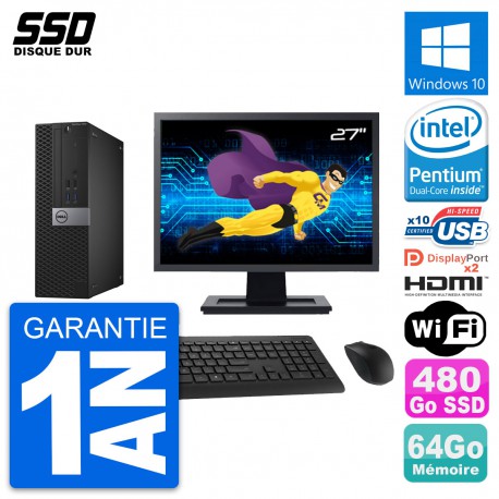 PC Dell 7040 SFF Ecran 27" Intel G4400 RAM 64Go SSD 480Go HDMI Windows 10 Wifi