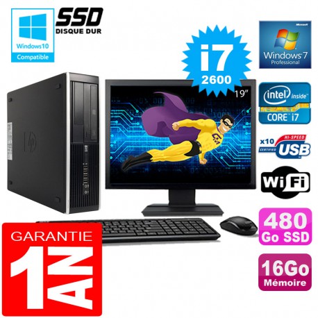 PC HP Compaq 8300 SFF Core I7-2600 Ram 16Go Disque 480 Go SSD Wifi W7 Ecran 19"