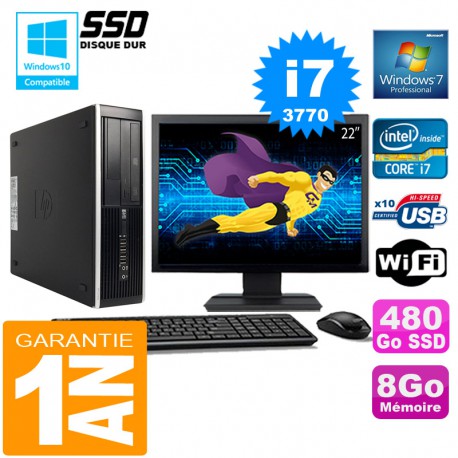 PC HP Compaq 8300 SFF Core I7-3770 Ram 8Go Disque 480 Go SSD Wifi W7 Ecran 22"