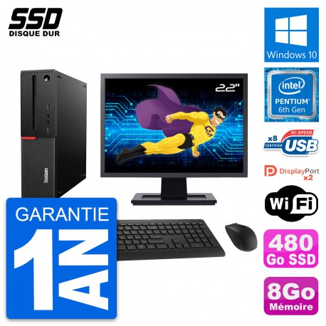 PC Lenovo M800 SFF Ecran 22" Intel G4400 RAM 8Go SSD 480Go Windows 10 Wifi