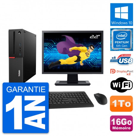 PC Lenovo M800 SFF Ecran 22" Intel G4400 RAM 16Go Disque Dur 1To Windows 10 Wifi