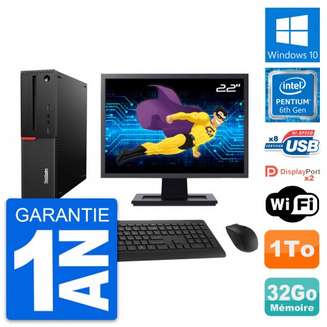 PC Lenovo M800 SFF Ecran 22" Intel G4400 RAM 32Go Disque Dur 1To Windows 10 Wifi