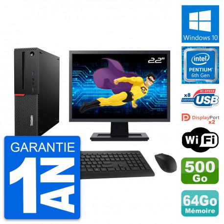 PC Lenovo M800 SFF Ecran 22" G4400 RAM 64Go Disque Dur 500Go Windows 10 Wifi