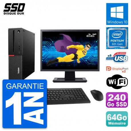 PC Lenovo M800 SFF Ecran 22" Intel G4400 RAM 64Go SSD 240Go Windows 10 Wifi