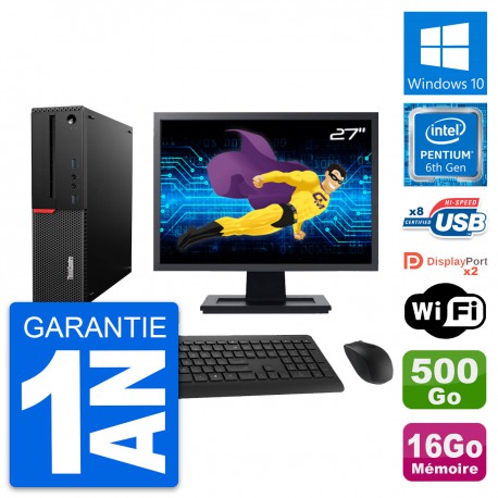PC Lenovo M800 SFF Ecran 27" Intel G4400 RAM 16Go Disque 500Go Windows 10 Wifi