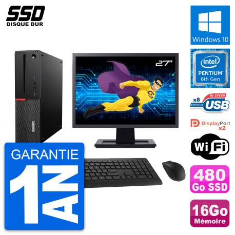 PC Lenovo M800 SFF Ecran 27" Intel G4400 RAM 16Go SSD 480Go Windows 10 Wifi
