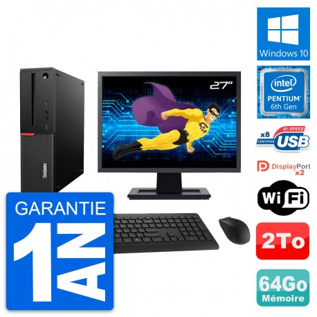 PC Lenovo M800 SFF Ecran 27" Intel G4400 RAM 64Go Disque Dur 2To Windows 10 Wifi