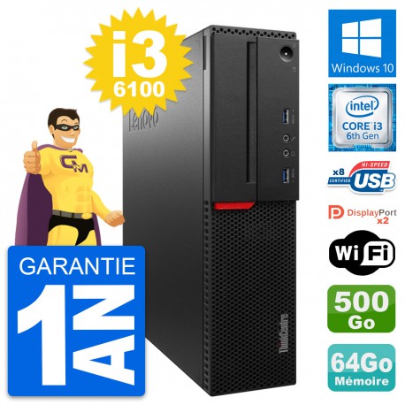 PC Lenovo ThinkCentre M800 SFF i3-6100 RAM 64Go Disque 500Go Windows 10 Wifi